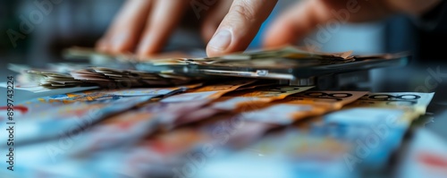 Banknotes with plummeting value on a scale, Currency on scale, devaluation measure photo