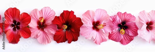 Hibiscus Border. Colorful row of pink hibiscus flowers isolated on white background © Serhii