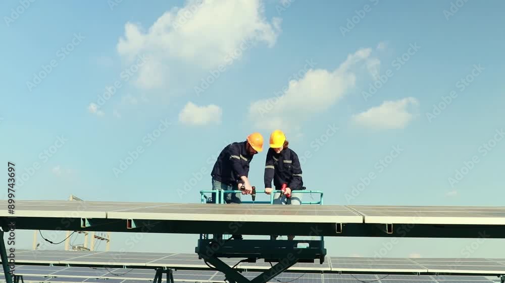 Repair team leads male and female technicians onto lifts inspects solar panel installation using electric drill to maintain structure outdoor solar system installation work renewable energy. Repair team leads male and female technicians onto lifts inspects solar panel installation using electric drill to maintain structure outdoor solar system installation work renewable energy.