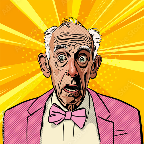 PrintAn old man in a pink jacket with a bow tie opens his mouth in amazement and widens his eyes, comic pop art vector illustration