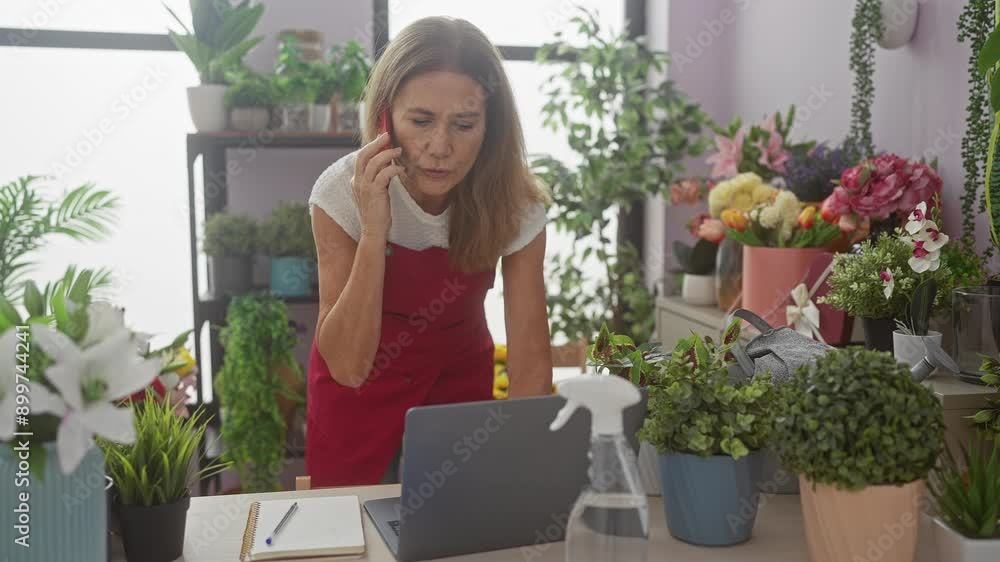A mature woman talks on the phone in a vibrant flower shop surrounded by lush plants and arrangements. A mature woman talks on the phone in a vibrant flower shop surrounded by lush plants and arrangements.