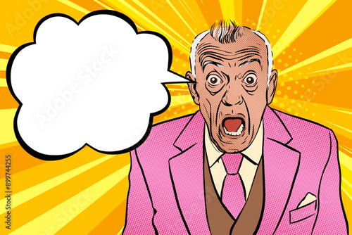 PrintOld man in a pink jacket with a bow tie opens his mouth in amazement and widens his eyes, portrait with speech bubble drawing in comic pop art style, vector illustration