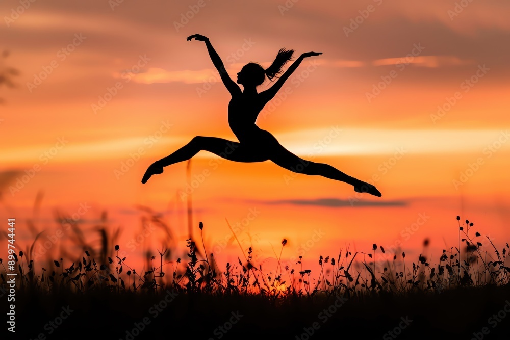 Silhouette of a dancer performing a grand jete at sunset, against a stunning orange and pink sky, embodying grace and freedom. Silhouette of a dancer performing a grand jete at sunset, against a stunning orange and pink sky, embodying grace and freedom.