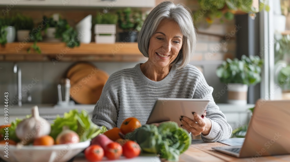 Smiling senior woman using a tablet for diet planning with fresh vegetables in a bright kitchen. Nutrition expert integrating technology. Smiling senior woman using a tablet for diet planning with fresh vegetables in a bright kitchen. Nutrition expert integrating technology.