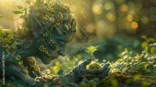 Imaginative depiction of a half-human creature planting a magical garden, blending nature and fantasy
