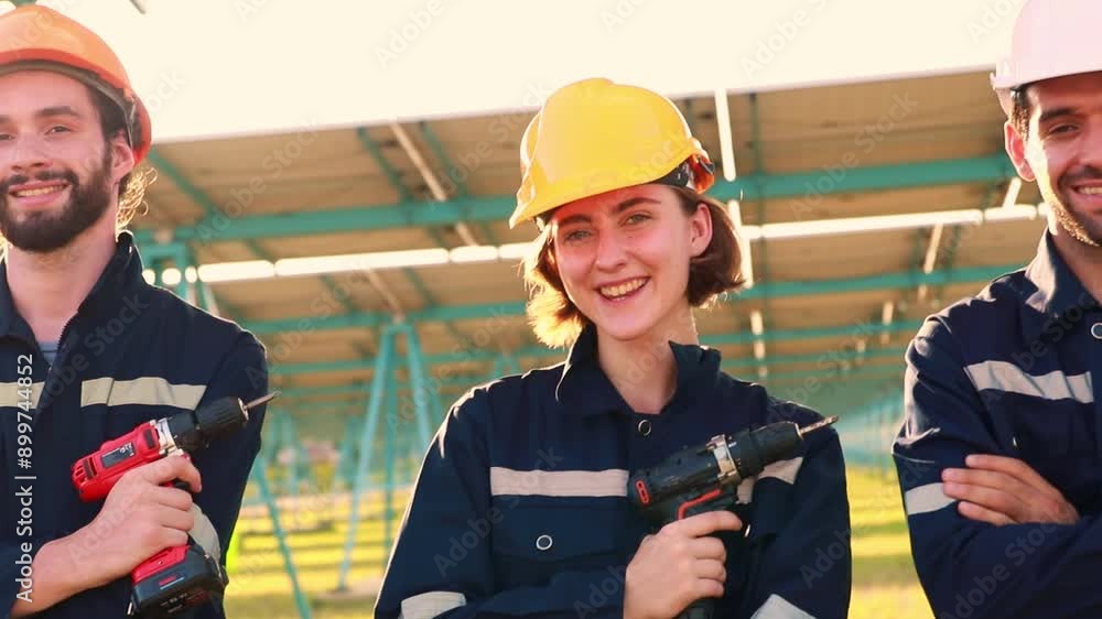 Portrait team male and female electrical engineers or technicians standing holding electric drills and tools for checking and maintaining solar panels at a clean energy power station. Portrait team male and female electrical engineers or technicians standing holding electric drills and tools for checking and maintaining solar panels at a clean energy power station.