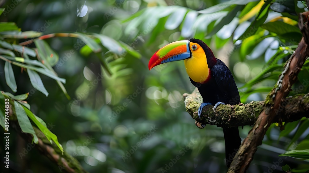 Fototapeta premium A colorful bird is perched on a branch in a lush green forest. The bird is a toucan, with a large beak and bright yellow and red feathers. The scene is serene and peaceful
