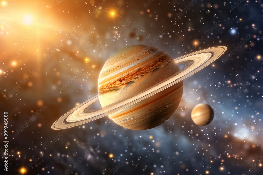 Detailed illustration of Saturn and its moons in space capturing the beauty of the cosmos and astronomical wonders Detailed illustration of Saturn and its moons in space capturing the beauty of the cosmos and astronomical wonders