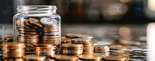 Pile of coins with glass jar on a marble surface, luxurious setting, Coins jar marble, opulent savings