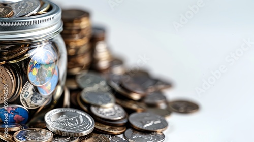 Pile of foreign currency coins next to a globepatterned glass jar, Foreign coins jar, global savings