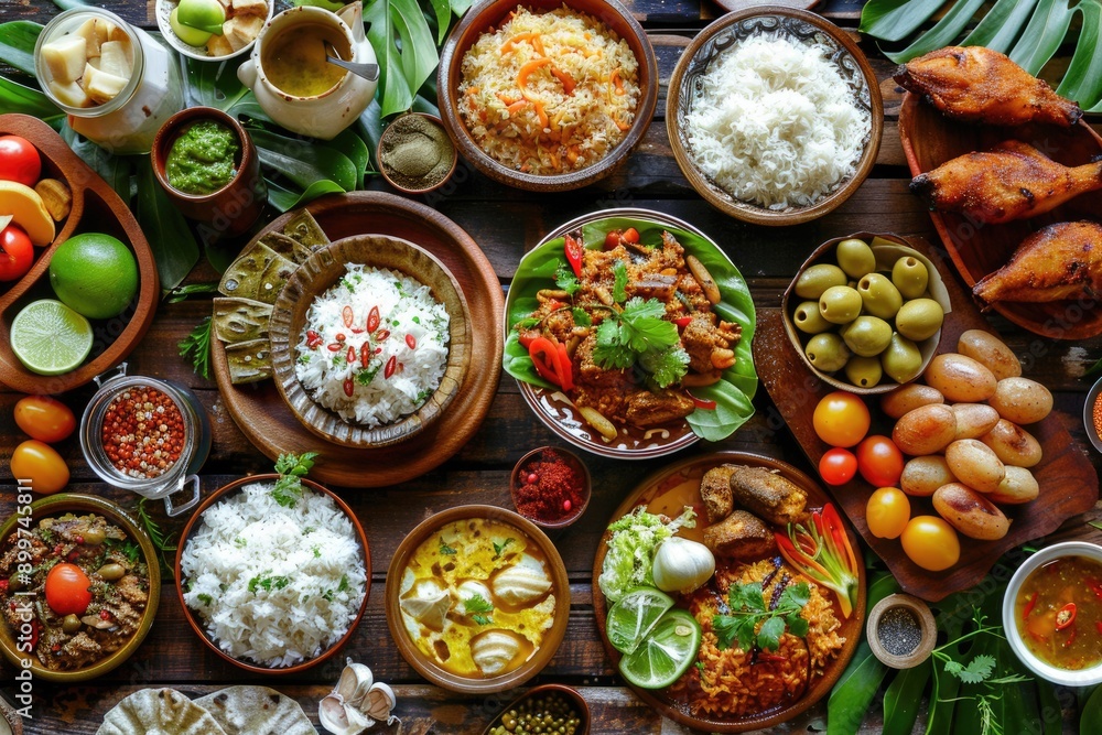 Caribbean Cuisine: Top-View Creole Cajun Dish Set for Authentic Amerindian Meal Caribbean Cuisine: Top-View Creole Cajun Dish Set for Authentic Amerindian Meal