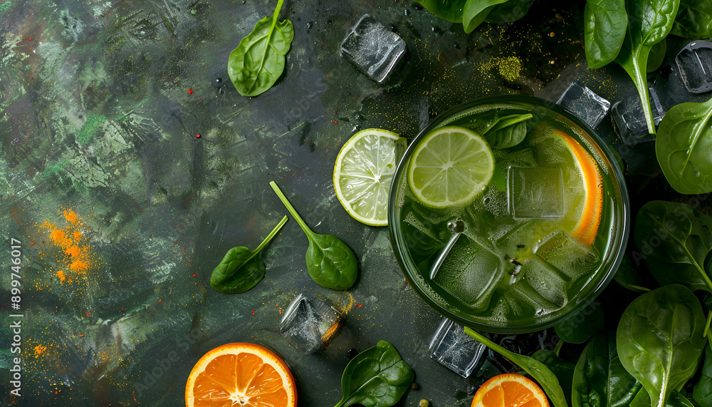 Cocktail of spinach and green vegetables and fruit, drink background, top view Cocktail of spinach and green vegetables and fruit, drink background, top view