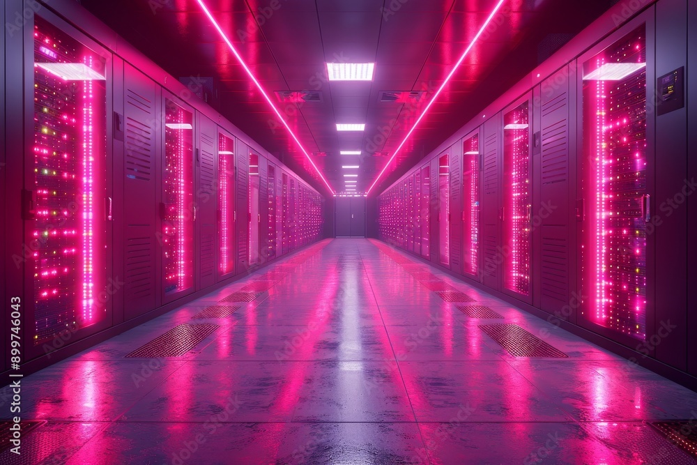 Modern data center, glowing servers, advanced cooling systems, tech ambiance. Generative AI Modern data center, glowing servers, advanced cooling systems, tech ambiance. Generative AI