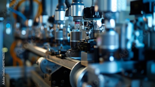 Detailed close-up of industrial machinery operating in a modern factory. The image captures the precision and complexity of advanced manufacturing equipment, highlighting the intricate components and