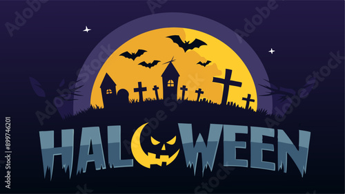 Haloween background with black castle, graveyard at night full moon