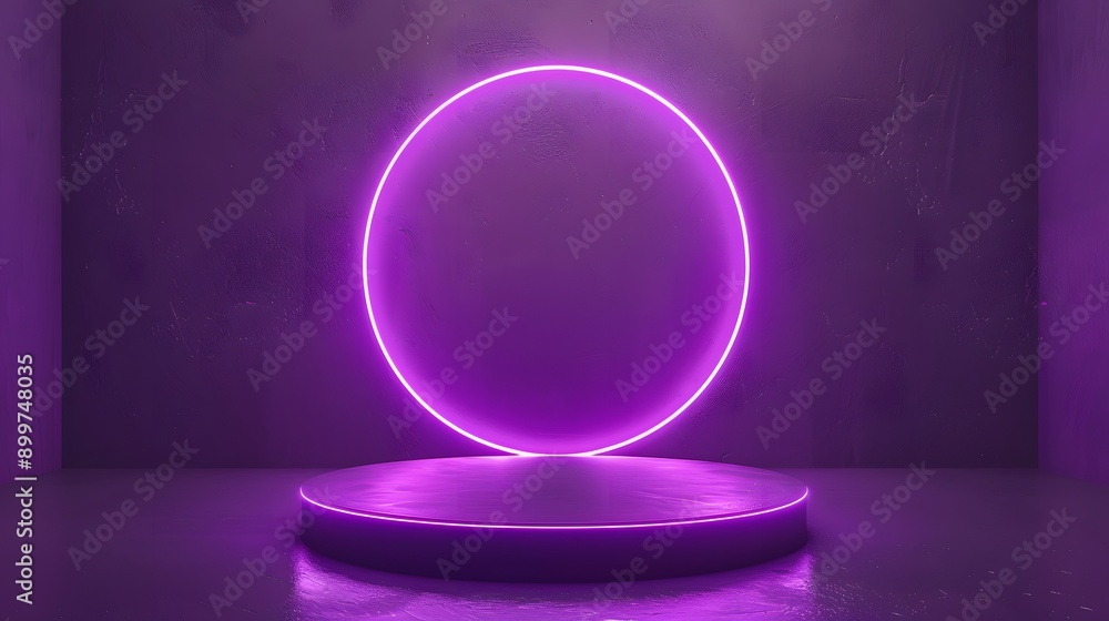 Neon Circle Podium: A futuristic, minimalist 3D rendering showcasing a glowing purple neon circle above a reflective podium in a dark setting. Perfect for showcasing products, branding, and creating a Neon Circle Podium: A futuristic, minimalist 3D rendering showcasing a glowing purple neon circle above a reflective podium in a dark setting. Perfect for showcasing products, branding, and creating a