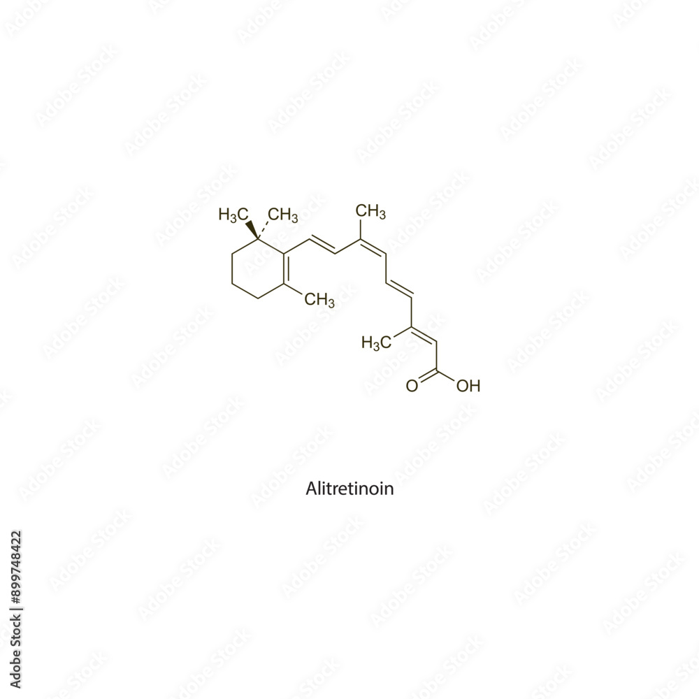 Alitretinoin flat skeletal molecular structure Retinoid drug used in Cancer, eczema treatment. Vector illustration scientific diagram. Alitretinoin flat skeletal molecular structure Retinoid drug used in Cancer, eczema treatment. Vector illustration scientific diagram.
