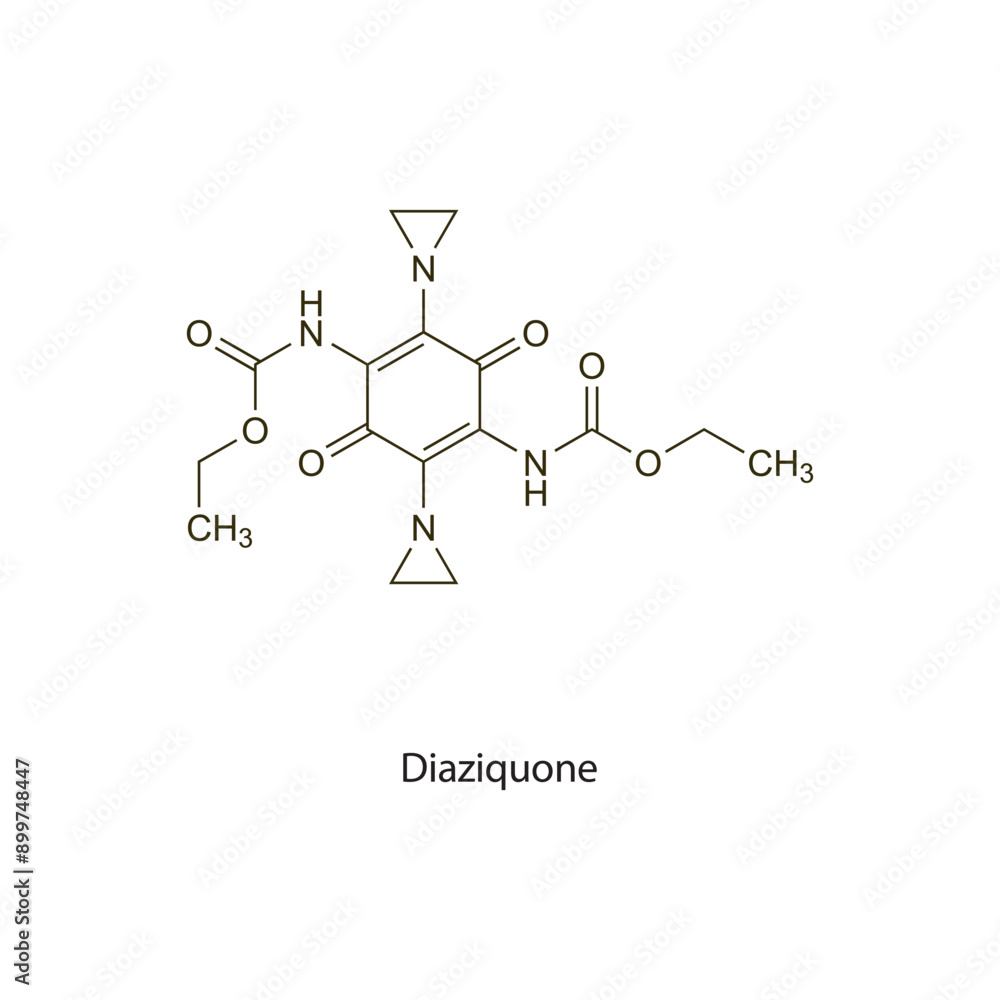 Diaziquone flat skeletal molecular structure Antineoplastic drug used in cancer treatment. Vector illustration scientific diagram. Diaziquone flat skeletal molecular structure Antineoplastic drug used in cancer treatment. Vector illustration scientific diagram.
