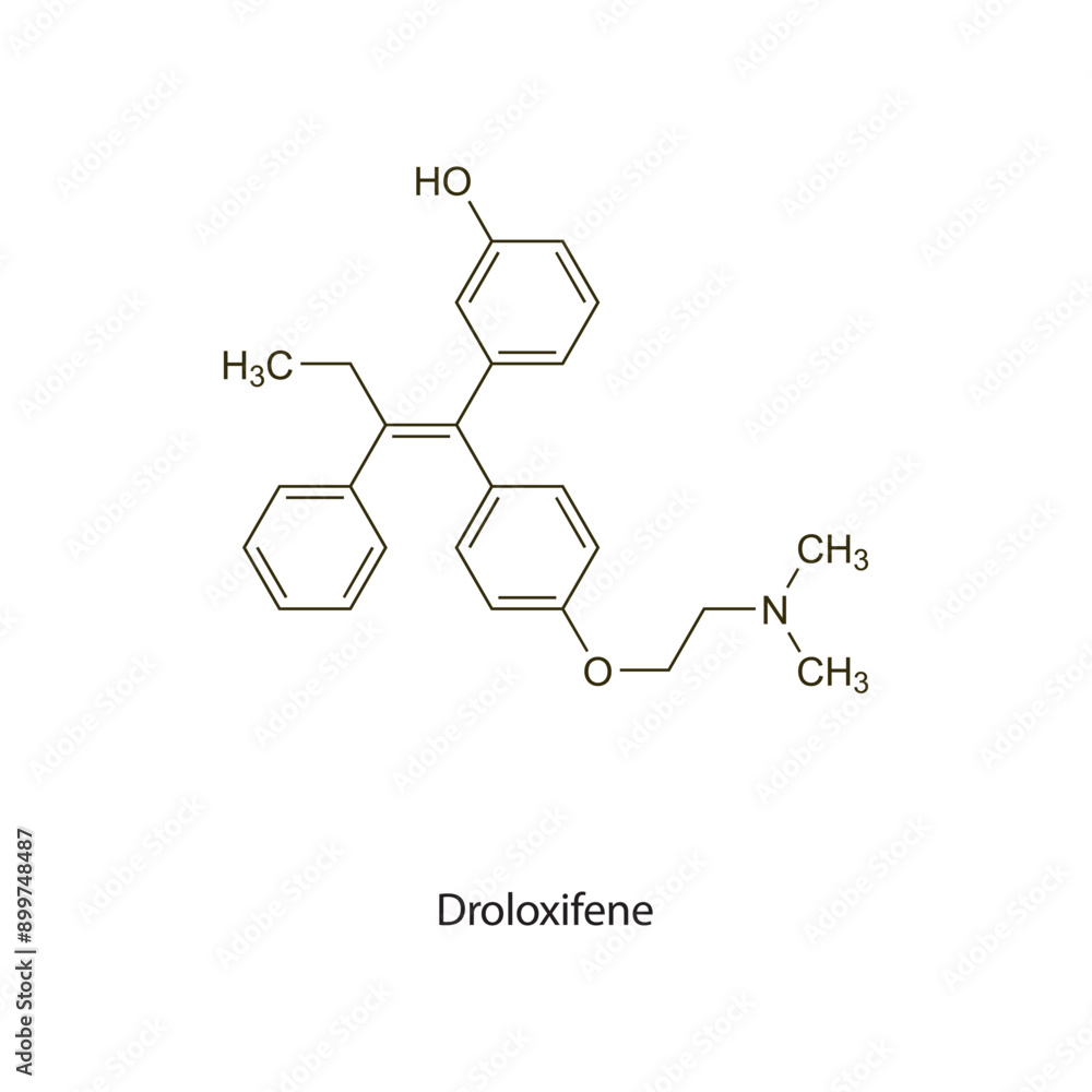 Droloxifene flat skeletal molecular structure Antiestrogen drug used in breast cancer, osteoporosis treatment. Vector illustration scientific diagram. Droloxifene flat skeletal molecular structure Antiestrogen drug used in breast cancer, osteoporosis treatment. Vector illustration scientific diagram.