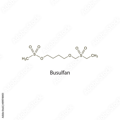 Busulfan flat skeletal molecular structure Antineoplastic drug used in cancer treatment. Vector illustration scientific diagram.