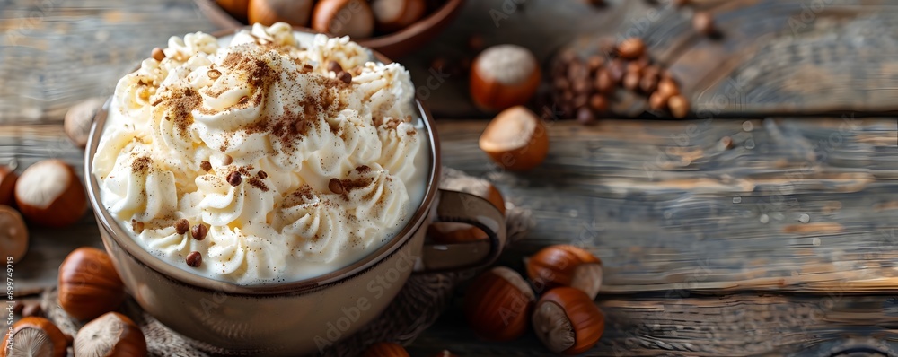 Cozy Hazelnut Coffee with Whipped Cream on Rustic Wooden Table Cozy Hazelnut Coffee with Whipped Cream on Rustic Wooden Table