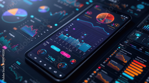 Flat design illustration of a financial tracking app interface featuring detailed graphs and charts. Suitable for showcasing financial data analytics and business performance metrics.