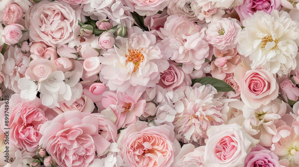 A lush arrangement of pink and white roses fills the garden, showcasing their delicate petals and vibrant colors in the warm spring sunlight SEAMLESS PATTERN A lush arrangement of pink and white roses fills the garden, showcasing their delicate petals and vibrant colors in the warm spring sunlight SEAMLESS PATTERN