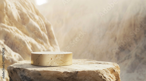 Trendy Product Showcase on a Minimalist Stone Pedestal with a Gold Marble Surface, Set Against a Desert-Inspired Background with Natural Texture for an Elegant and Premium Presentation