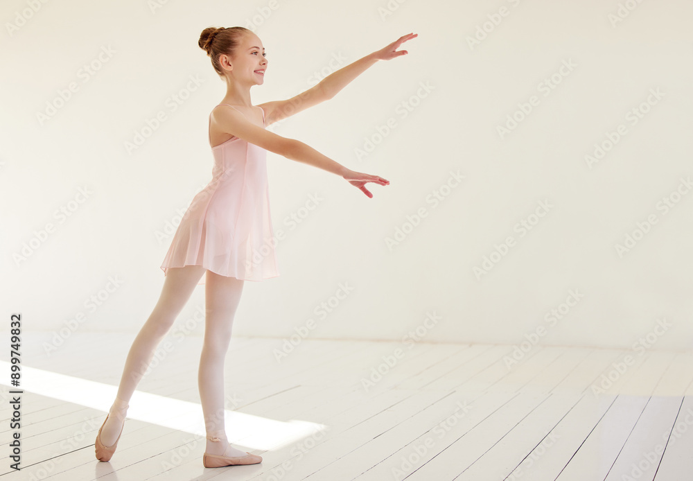 Studio, girl or ballerina with technique for dancing, training or practice for competition tournament. Theater, creativity or performance of ballet dancer for concert, show or development with mockup Studio, girl or ballerina with technique for dancing, training or practice for competition tournament. Theater, creativity or performance of ballet dancer for concert, show or development with mockup