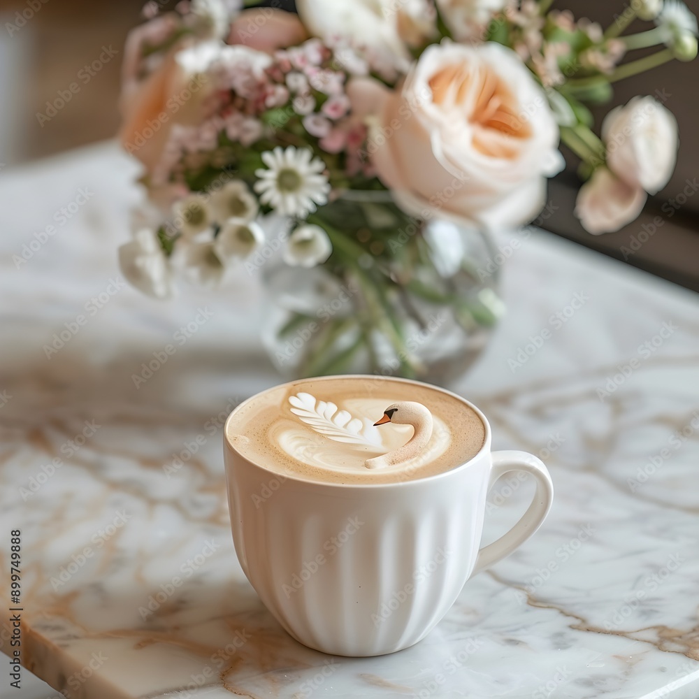 Frothy Latte with Swan Art on Marble Table Beside Floral Bouquet Frothy Latte with Swan Art on Marble Table Beside Floral Bouquet