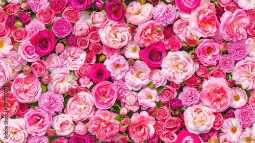 Fototapeta Naklejka Na Ścianę i Meble -  A lush arrangement of pink and white roses fills the garden, showcasing their delicate petals and vibrant colors in the warm spring sunlight SEAMLESS PATTERN