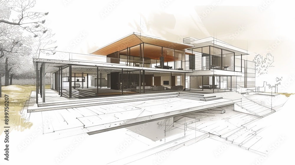 Intricate architectural sketch of a contemporary house design, featuring open spaces and modern aesthetics. The drawing highlights the structural details and layout, providing a comprehensive view of