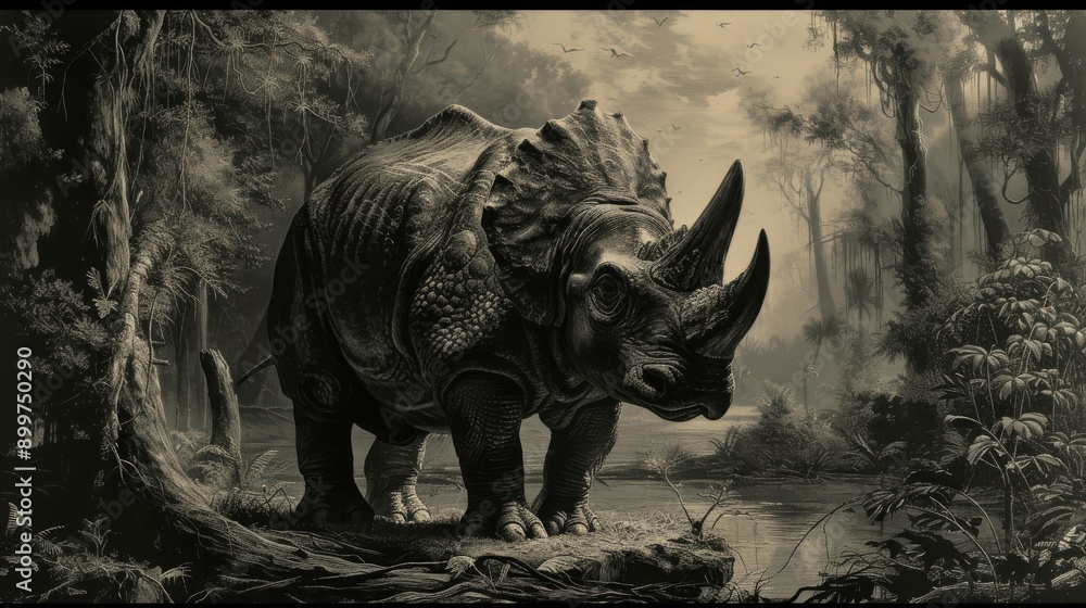 Fototapeta premium An artistic depiction of a prehistoric rhinoceros standing in a misty, dense forest. The monochromatic scene adds a sense of mystery and ancient wilderness, capturing the majestic and formidable