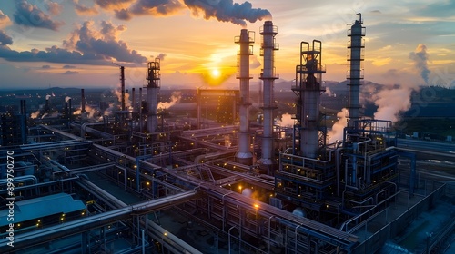 Sprawling Industrial Complex with Towering Smoke Stacks and Pipelines at SunriseSunset © Thares2020