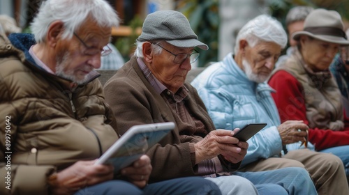 A group of elderly individuals focuses on their digital devices while seated at a community gathering in a lively outdoor setting. Generative AI