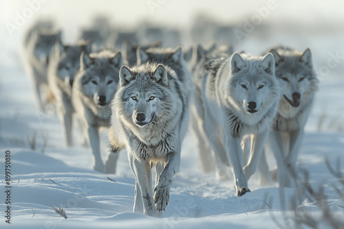 A wild gray wolf with thick fur stands alert in a snowy winter forest