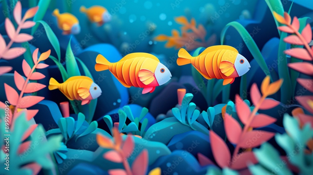 Naklejka premium Tranquil Underwater Oasis Minimalist Flat Art of Fish Among Coral and Algae