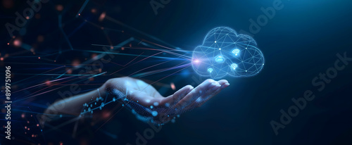 Digital holding cloud icons symbolizing artificial intelligence content management dark blue background AI Cloud Icons Concept