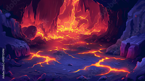 The Volcano lava hell rock cave view fantasy game background, Illustration photo