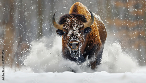 Wild brown bison bull standing in snowy Yellowstone