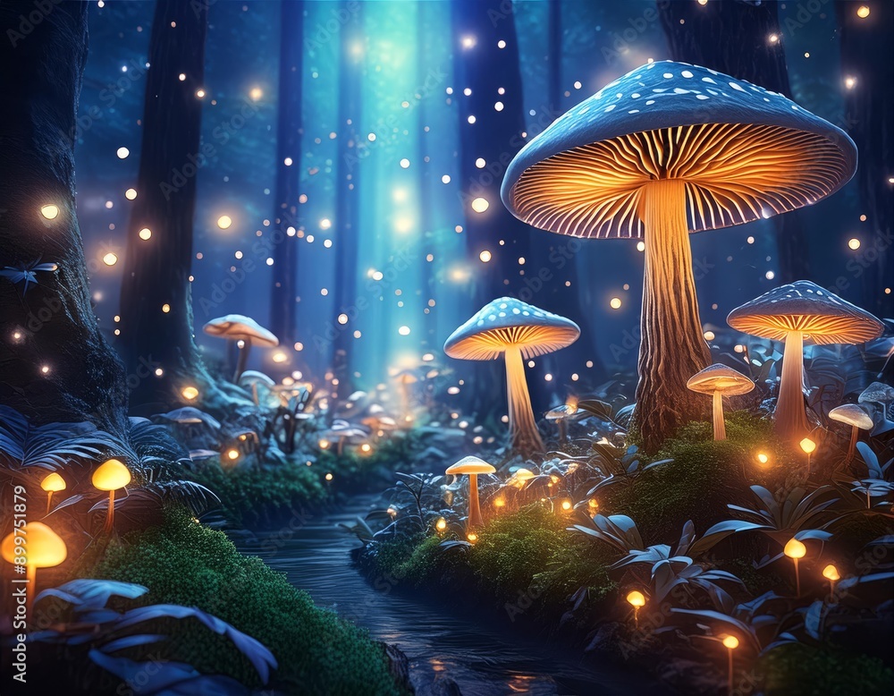 A magical forest lit by glowing mushrooms and fireflies A magical forest lit by glowing mushrooms and fireflies