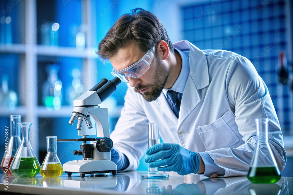 Focused Scientist Conducting Research with Microscope in Modern Laboratory Focused Scientist Conducting Research with Microscope in Modern Laboratory