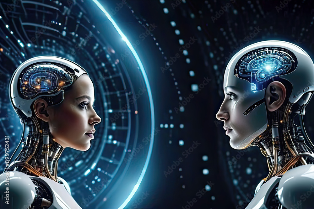 Artificial intelligence and humans. The concept of AI and machine learning. Symbolizes the cooperation between humans and artificial intelligence. Futuristic interaction of technology and humanity. Artificial intelligence and humans. The concept of AI and machine learning. Symbolizes the cooperation between humans and artificial intelligence. Futuristic interaction of technology and humanity.