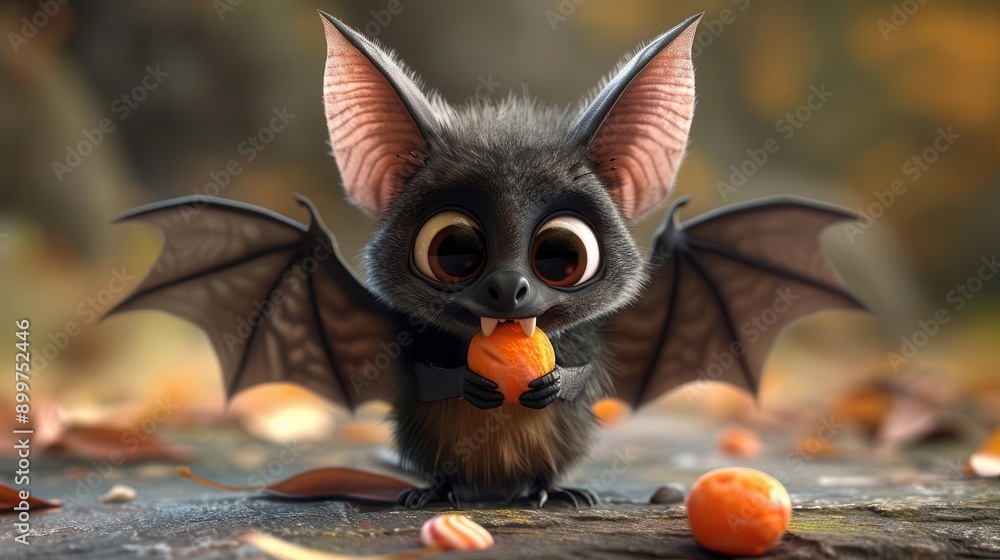 Cute bat character enjoying a juicy orange in an autumn setting with colorful leaves for a whimsical touch. Cute bat character enjoying a juicy orange in an autumn setting with colorful leaves for a whimsical touch.