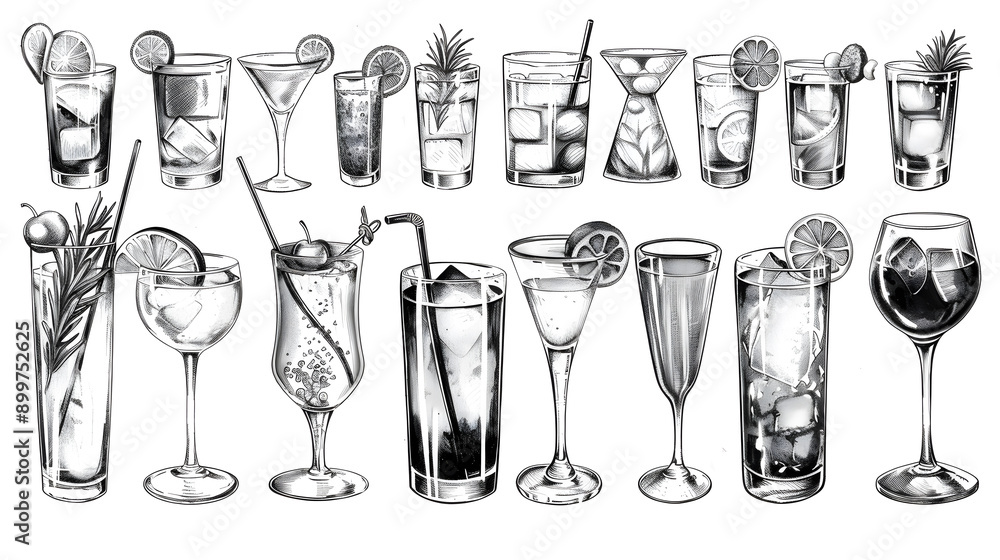 A collection of handdrawn illustrations with cocktails and drinks in different glasses. Ideal for bar menus and event promotions, featuring alcohol, cocktails, design, and various keywords A collection of handdrawn illustrations with cocktails and drinks in different glasses. Ideal for bar menus and event promotions, featuring alcohol, cocktails, design, and various keywords