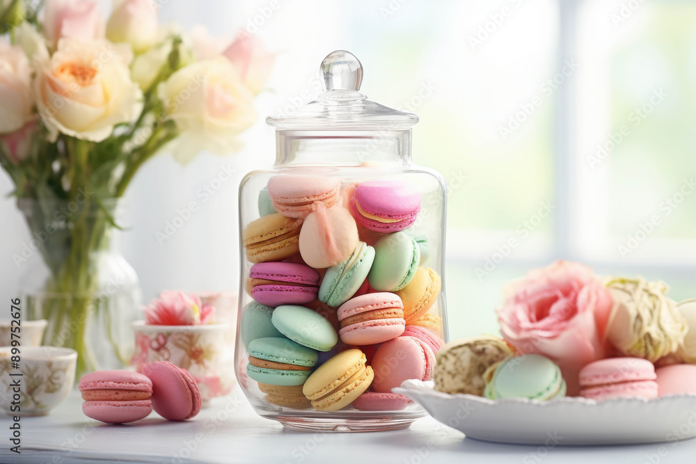 Elegant Glass Jar Filled with Delicate Flowers and Colorful Macarons for a Charming Display Elegant Glass Jar Filled with Delicate Flowers and Colorful Macarons for a Charming Display