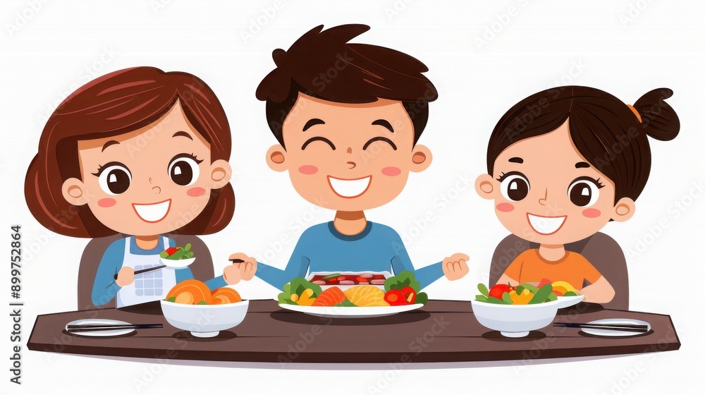 Three happy children enjoying a colorful meal together at a dining table with smiles and healthy food. Three happy children enjoying a colorful meal together at a dining table with smiles and healthy food.