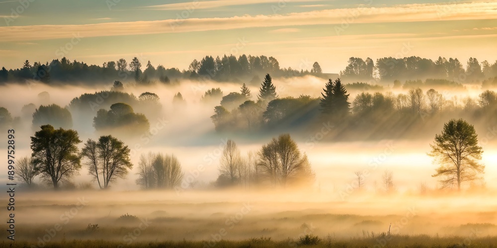 A forest or field shrouded in thick morning fog, with visible silhouettes of trees or bushes. A forest or field shrouded in thick morning fog, with visible silhouettes of trees or bushes.