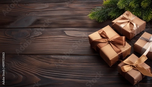 christmas wooden background with gifts