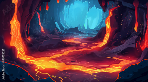 The Volcano lava hell rock cave view fantasy game background, Illustration photo